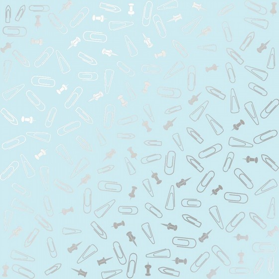 SHEET OF SINGLE-SIDED PAPER EMBOSSED BY SILVER FOIL SILVER DRAWING PINS AND PAPERCLIPS, COLOR BLUE 12"X12