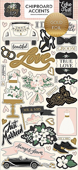 WEDDING DAY 6X13 CHIPBOARD ACCENTS - GOLD FOILED