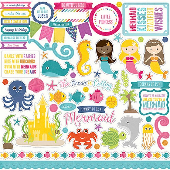 ���� ���� ���� �� - Lets Be Mermaids Collection - 12 x 12 Cardstock Stickers - Elements
