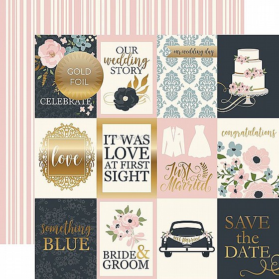 �� ������ - Echo Park - Just Married Collection - 12 x 12 Double Sided Paper with Foil Accents - 3 x 4 Journaling Cards
